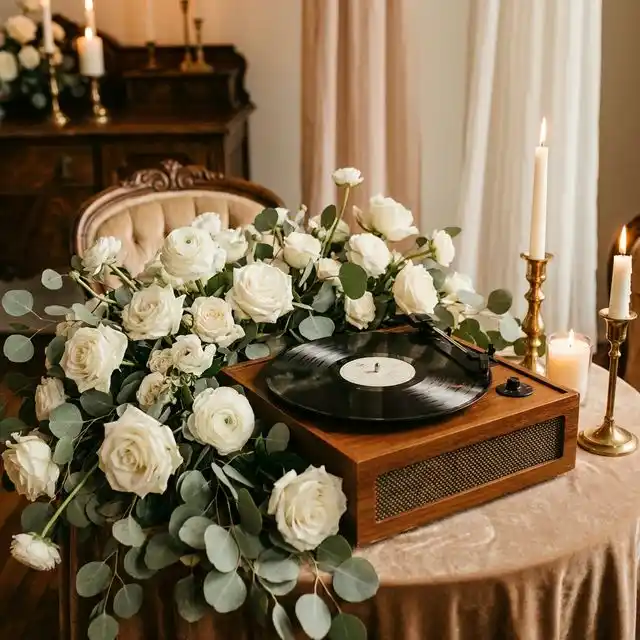 Tocadiscos vintage con disco de vinilo y flores blancas