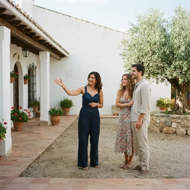 Una wedding planner profesional explica la distribución del espacio a una pareja en el patio soleado de una hacienda andaluza.