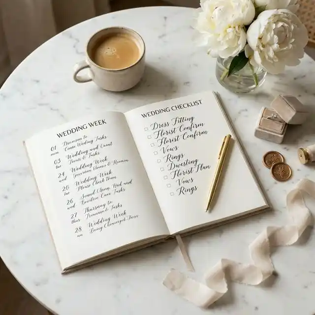 Agenda abierta con checklist de boda y bolígrafo dorado sobre mesa con café y peonías