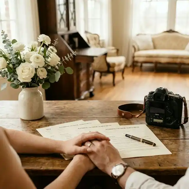 Pareja firmando contrato con proveedor de bodas sobre mesa con flores y cámara
