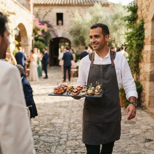 Un camarero profesional sirve una bandeja de canapés gourmet en el patio soleado de una finca española durante un cóctel de boda.