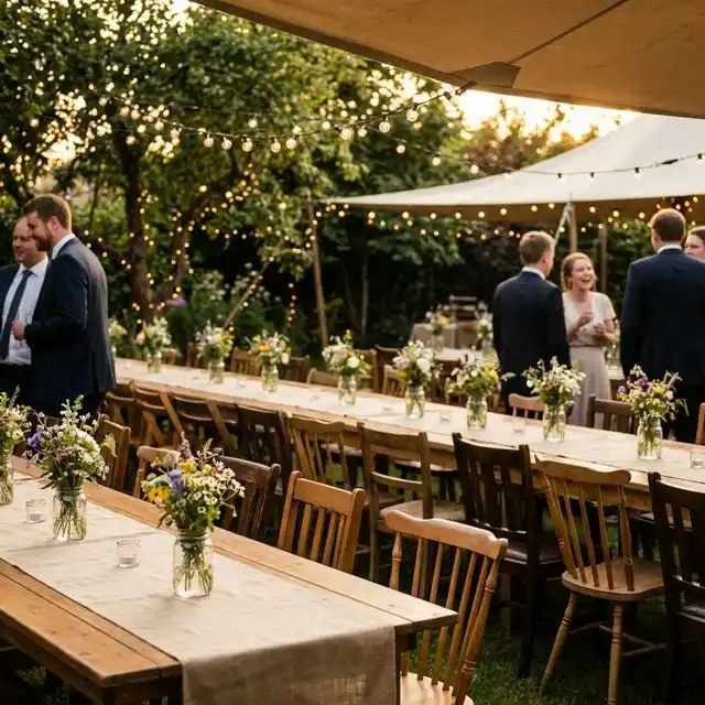 Boda sencilla en jardín con guirnaldas y flores silvestres