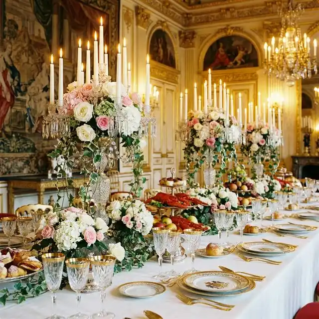 Mesa imperial con candelabros, flores y vajilla fina dorada