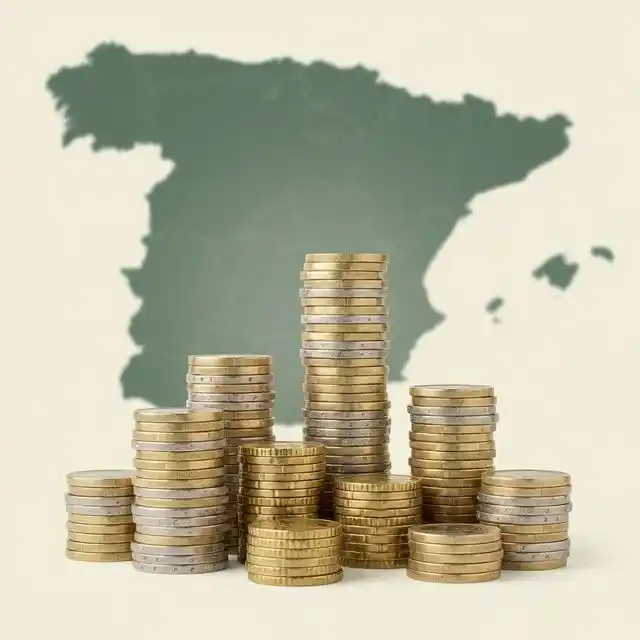 Monedas de euro apiladas con mapa de España al fondo