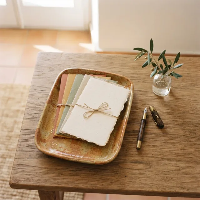 Vista cenital de unos sobres de boda en tonos tierra sobre una bandeja de cerámica y una mesa de madera con luz natural.