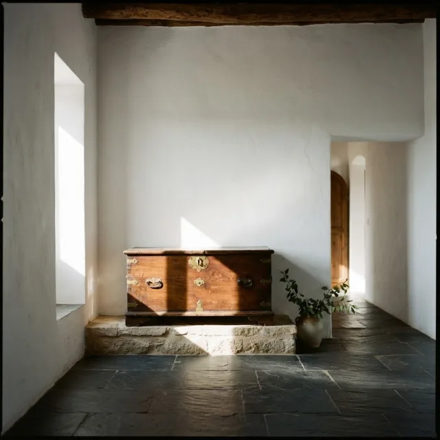 Un baúl de madera antiguo con detalles en latón sobre un suelo de pizarra oscura, iluminado por un rayo de sol en una sala blanca.