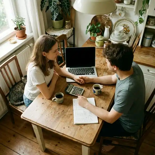 Pareja planificando presupuesto frente a laptop