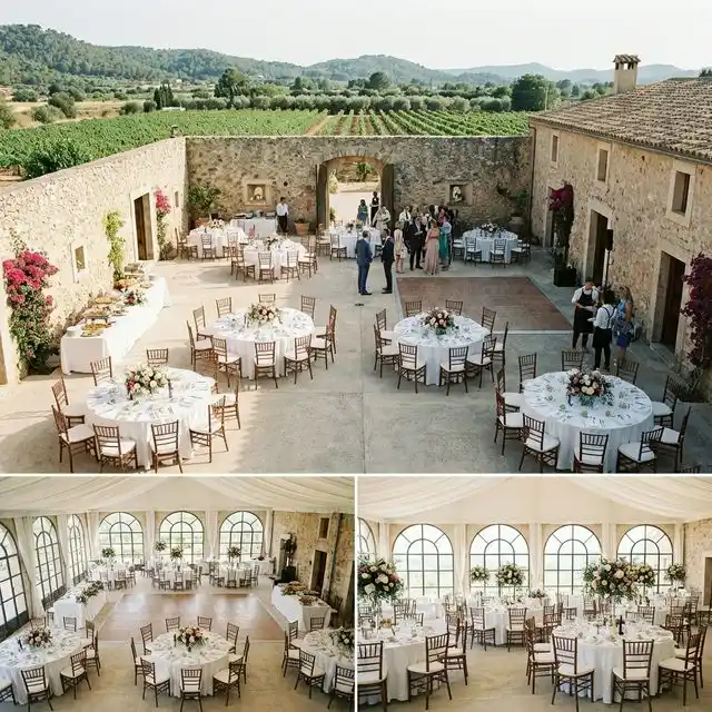Finca con mesas redondas preparadas para 100 invitados