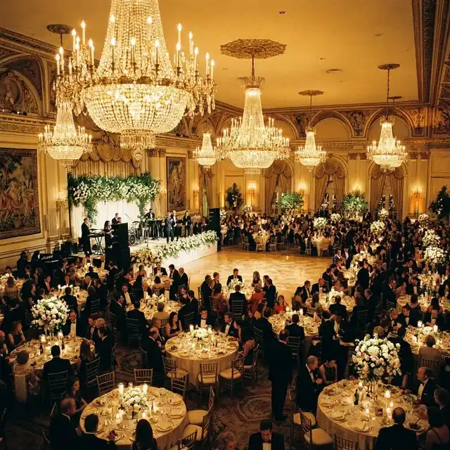 Gran salón de celebraciones con mesas para 200 invitados