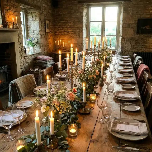 Mesa larga íntima con velas y flores para boda de 50
