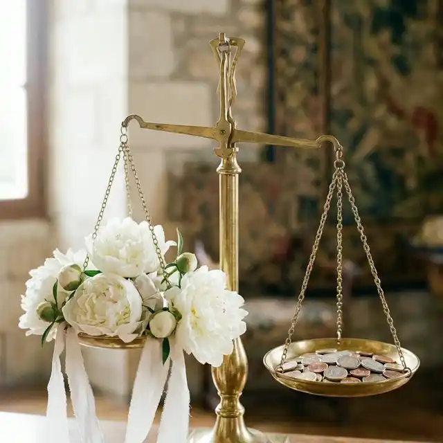 Balanza con flores de boda y monedas de euro