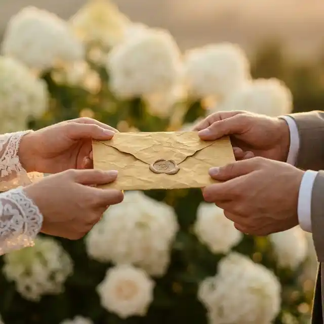 Manos intercambiando un sobre dorado con flores de fondo