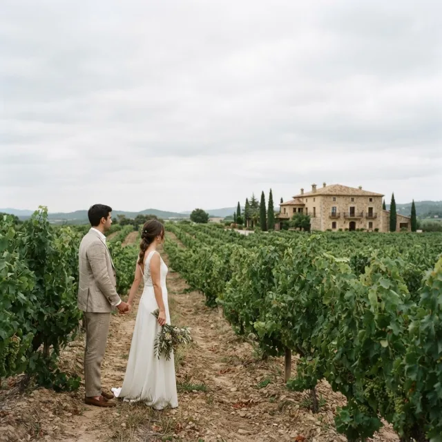 Una pareja contempla una finca tradicional entre viñedos bajo un cielo nublado, en una composición amplia y elegante.