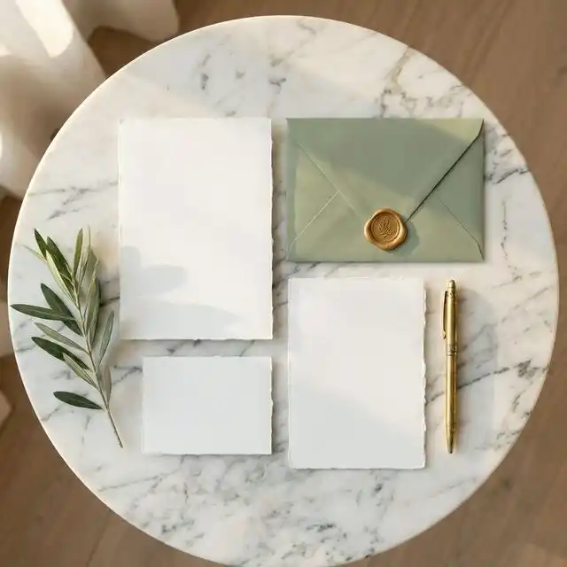 Suite de invitaciones de boda con sobre sage green y sello de cera dorado