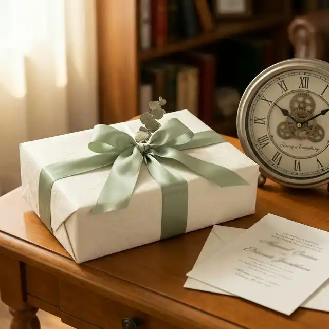 Regalo elegante envuelto con papel marfil y cinta sage green junto a reloj e invitación