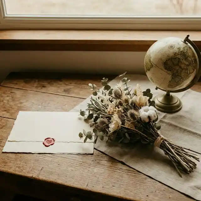 Certificado con sello de corazón rojo junto a ramo de flores secas y globo terráqueo