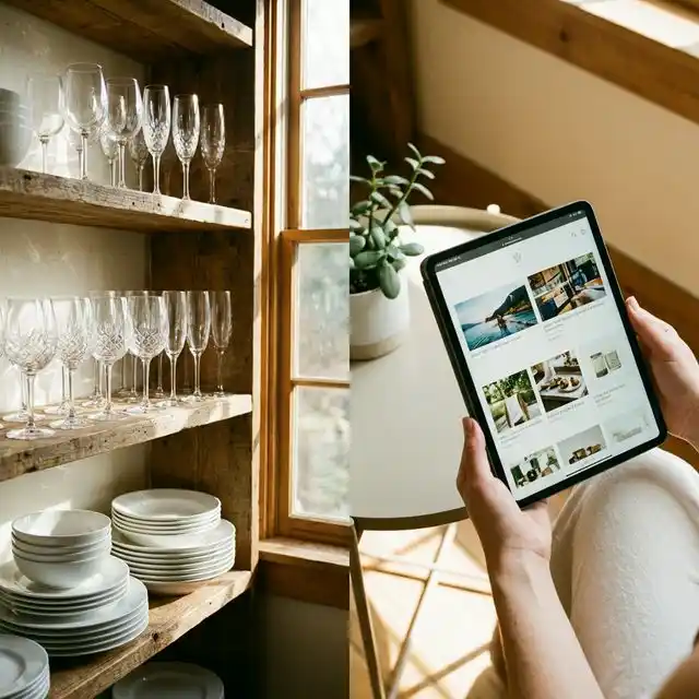 Comparación entre vajilla clásica en una estantería y tablet con lista de bodas digital