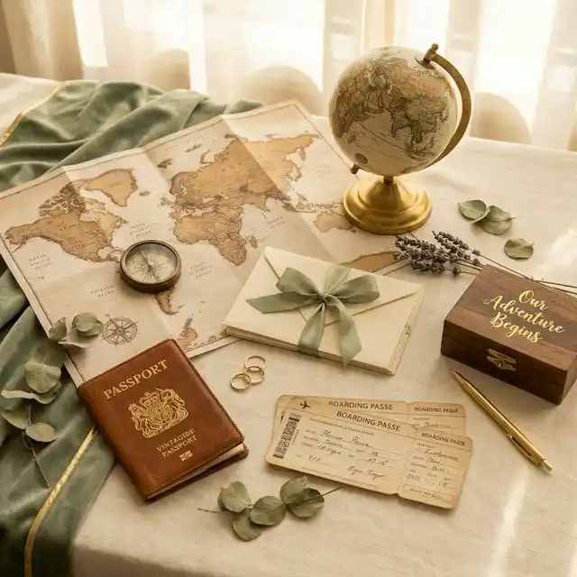 Flatlay viajero con mapa, pasaporte, globo y tarjetas de embarque