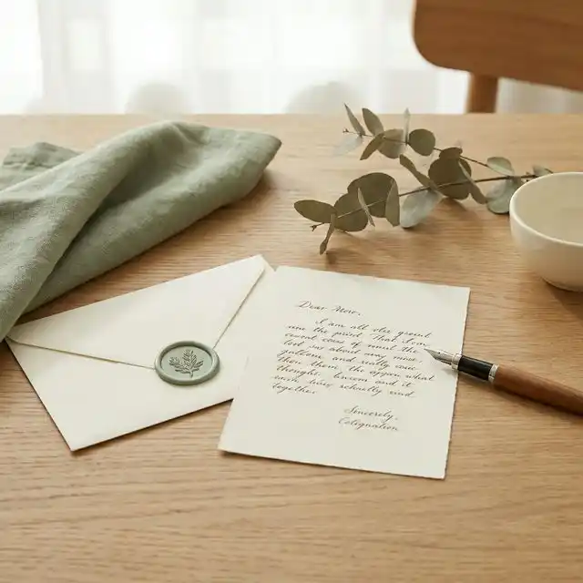 Nota manuscrita elegante junto a sobre con sello de cera y rama de eucalipto
