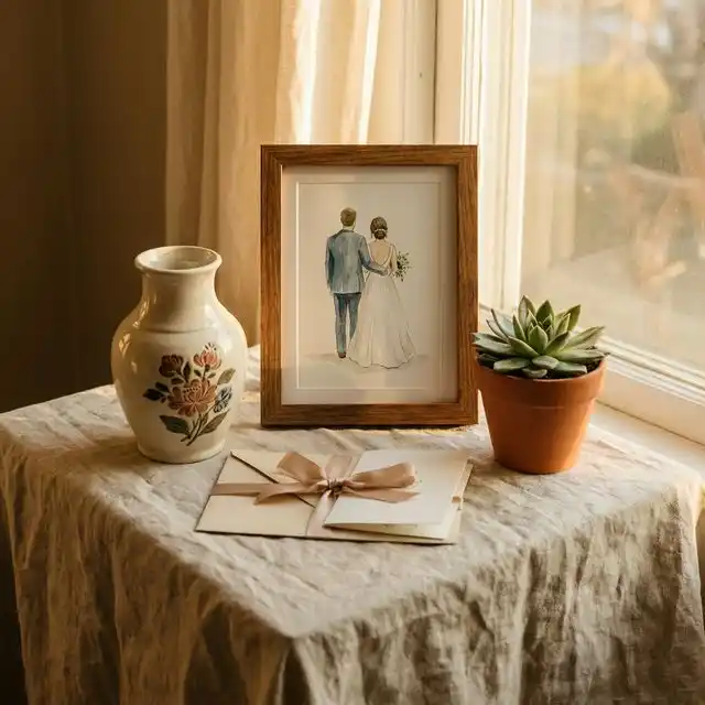 Colección de regalos originales: jarrón artesanal, retrato ilustrado y planta