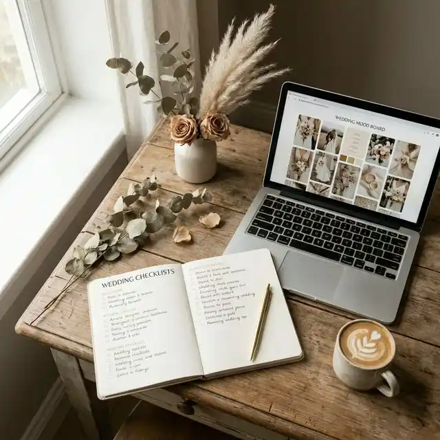 Escritorio con portátil mostrando planificación de boda, libreta con checklist y café