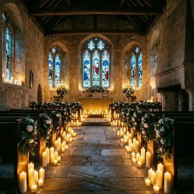 Boda de invierno en capilla de piedra iluminada con velas y luz azul a través de vidrieras