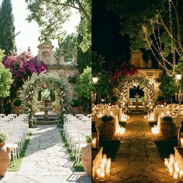 Composición dividida: ceremonia de jardín a la luz del día a la izquierda y mismo lugar iluminado con velas de noche a la derecha