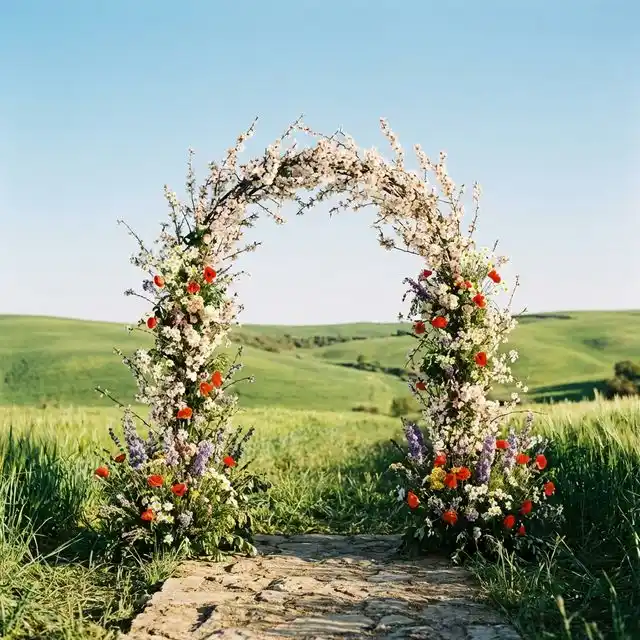 Arco de ceremonia decorado con flores de almendro en un campo español de primavera