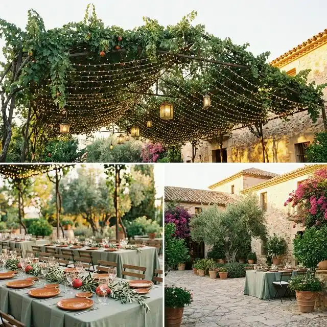 Recepción de boda veraniega al atardecer en un cortijo andaluz con pérgola e iluminación
