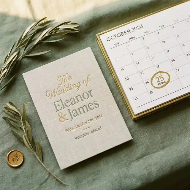 Invitación de boda elegante con un viernes marcado en dorado sobre lino junto a un calendario