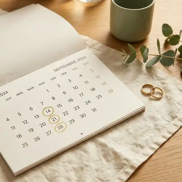 Calendario español de pared con fechas de puentes marcadas con círculos dorados junto a unas alianzas