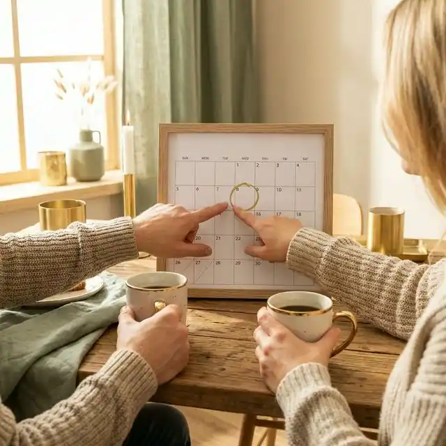 Pareja señalando un calendario de pared mientras toman café juntos