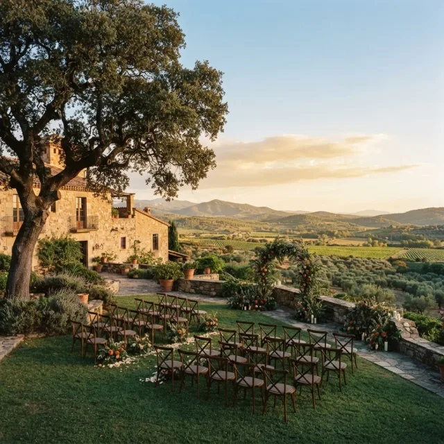 Vista panorámica de un jardín de una finca española con sillas de madera preparadas para una ceremonia al atardecer entre viñedos.