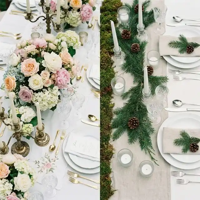 Vista cenital de dos mesas de boda contrastantes