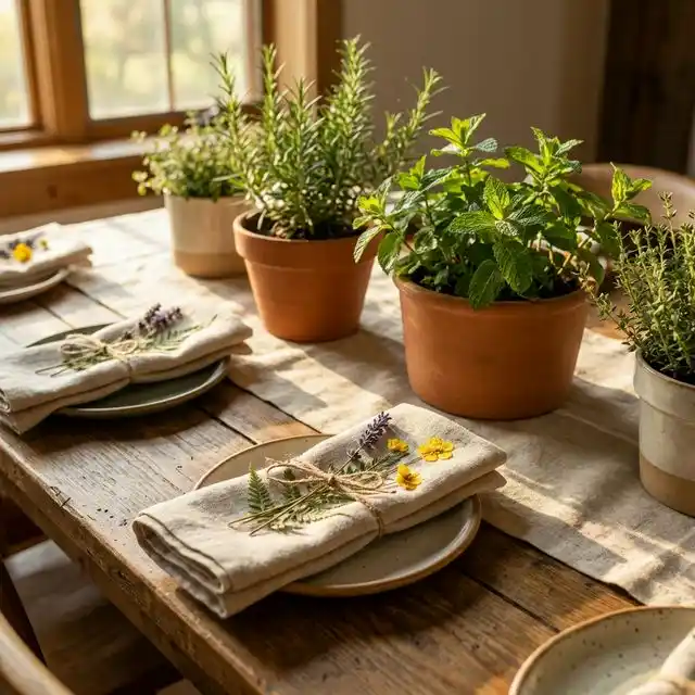 Mesa de boda sostenible con macetas de hierbas aromáticas como centros de mesa y servilletas de tela