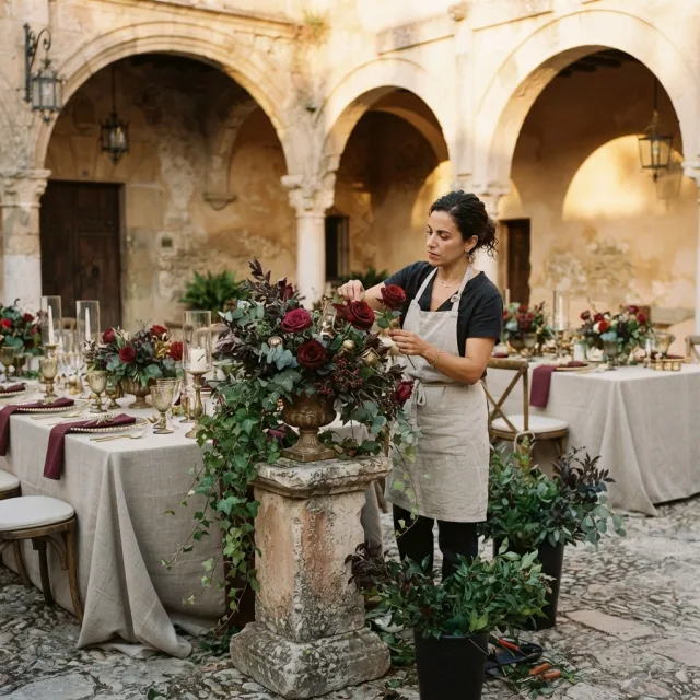 Una decoradora profesional ajusta un centro de flores granates en el patio de piedra de un castillo español para una boda temática.