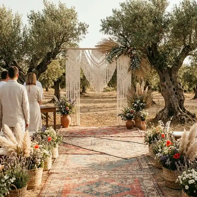 Decoración boho con macramé y flores silvestres entre olivos centenarios