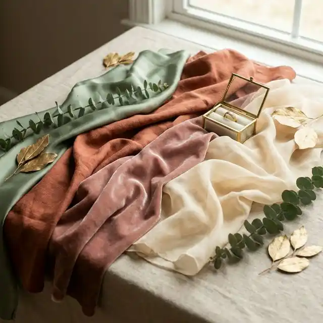 Flat lay con telas en sage green, terracota, rosa empolvado y crema con eucalipto y anillo dorado