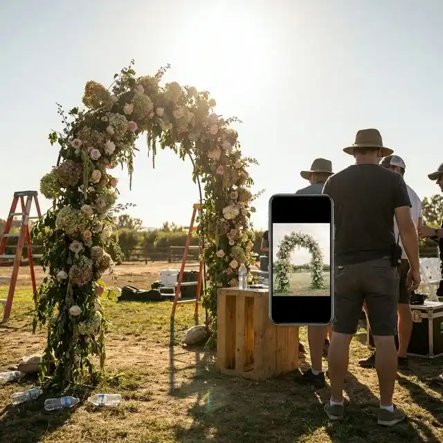 Behind-the-scenes de un montaje de boda con un arco floral en proceso junto a un móvil mostrando la foto perfecta