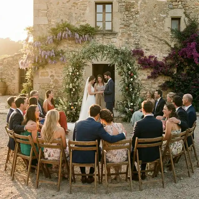 Ceremonia íntima con 20 invitados en el patio de una masía catalana al atardecer