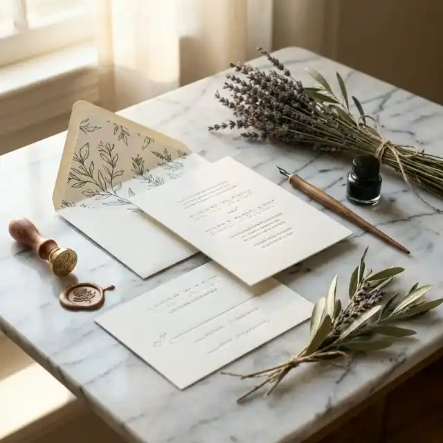 Suite de invitaciones letterpress sobre mármol con sello de cera, pluma de caligrafía y ramita de lavanda