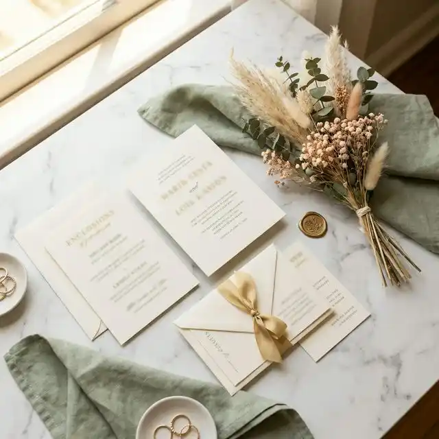 Flat lay de papelería de boda moderna con flores secas, cinta dorada y elementos en verde salvia