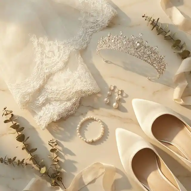Accesorios de novia: velo de encaje, tiara de cristal, pendientes de perlas y zapatos de satén marfil