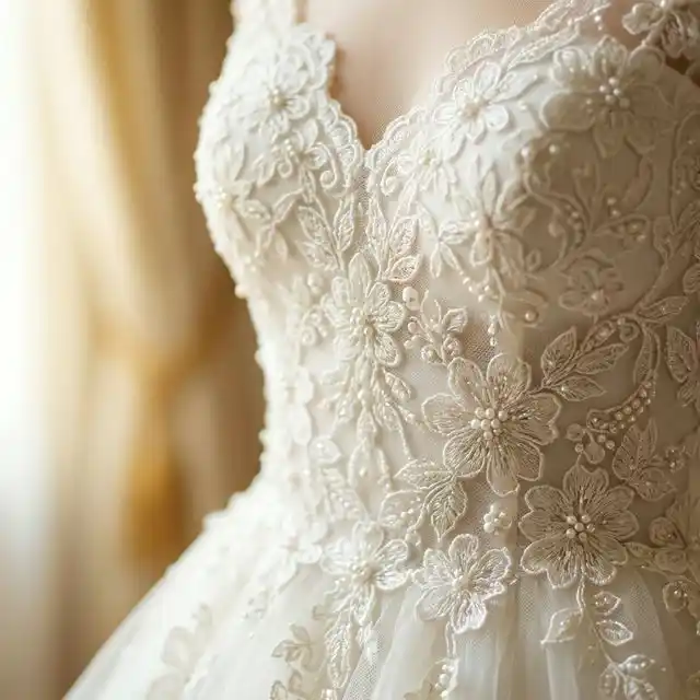 Detalle de encaje y pedríería cosida a mano en un vestido de novia