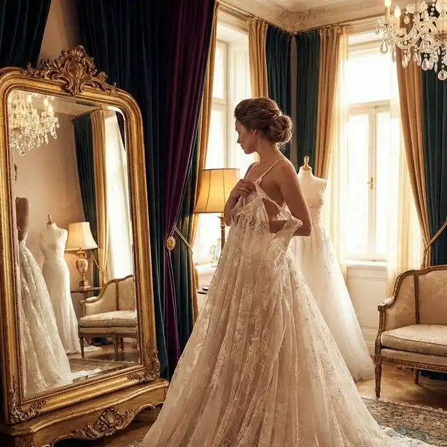 Novia probándose un vestido de novia reflejada en un espejo de boutique nupcial