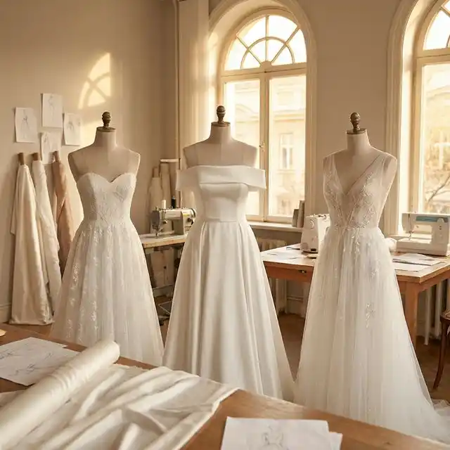 Tres maniquíes con vestidos de novia mostrando distintos escotes: corazón, bardot y V