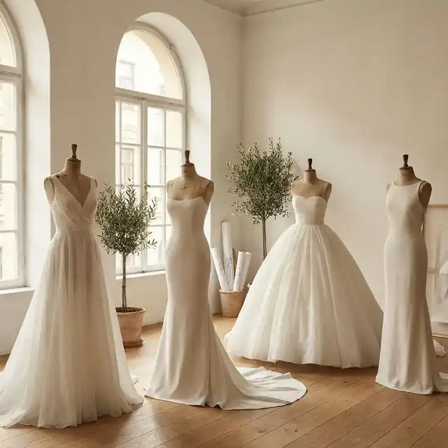 Cuatro maniquíes con diferentes siluetas de vestido de novia: línea A, sirena, princesa y columna