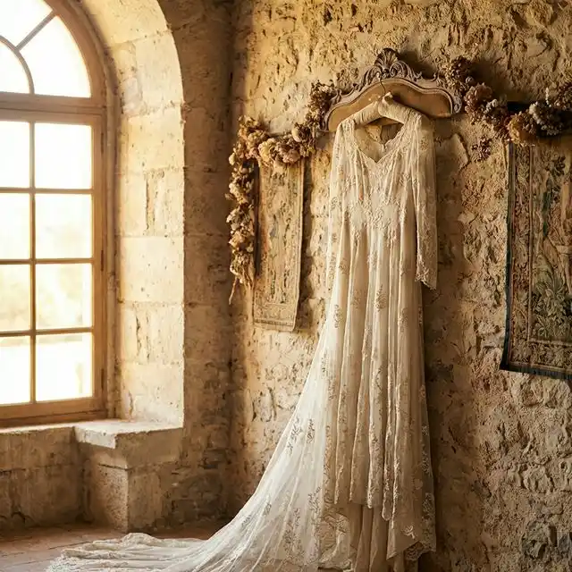 Vestido de novia vintage de encaje colgado en una percha ornamental contra un muro de piedra