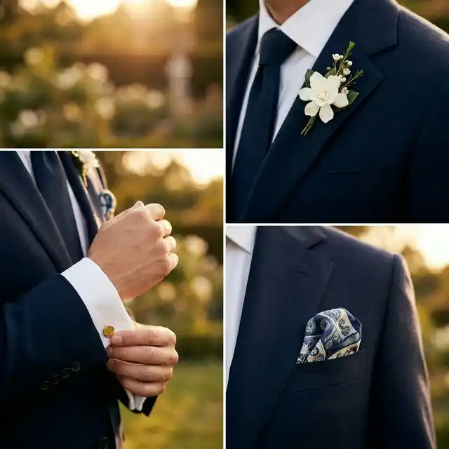 Detalles de traje de novio: solapa con boutonnière blanca, gemelos dorados y pañuelo de seda
