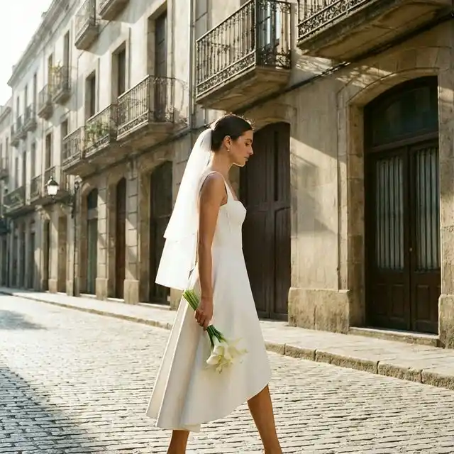 Novia con vestido midi elegante caminando por una calle empedrada con arquitectura clásica